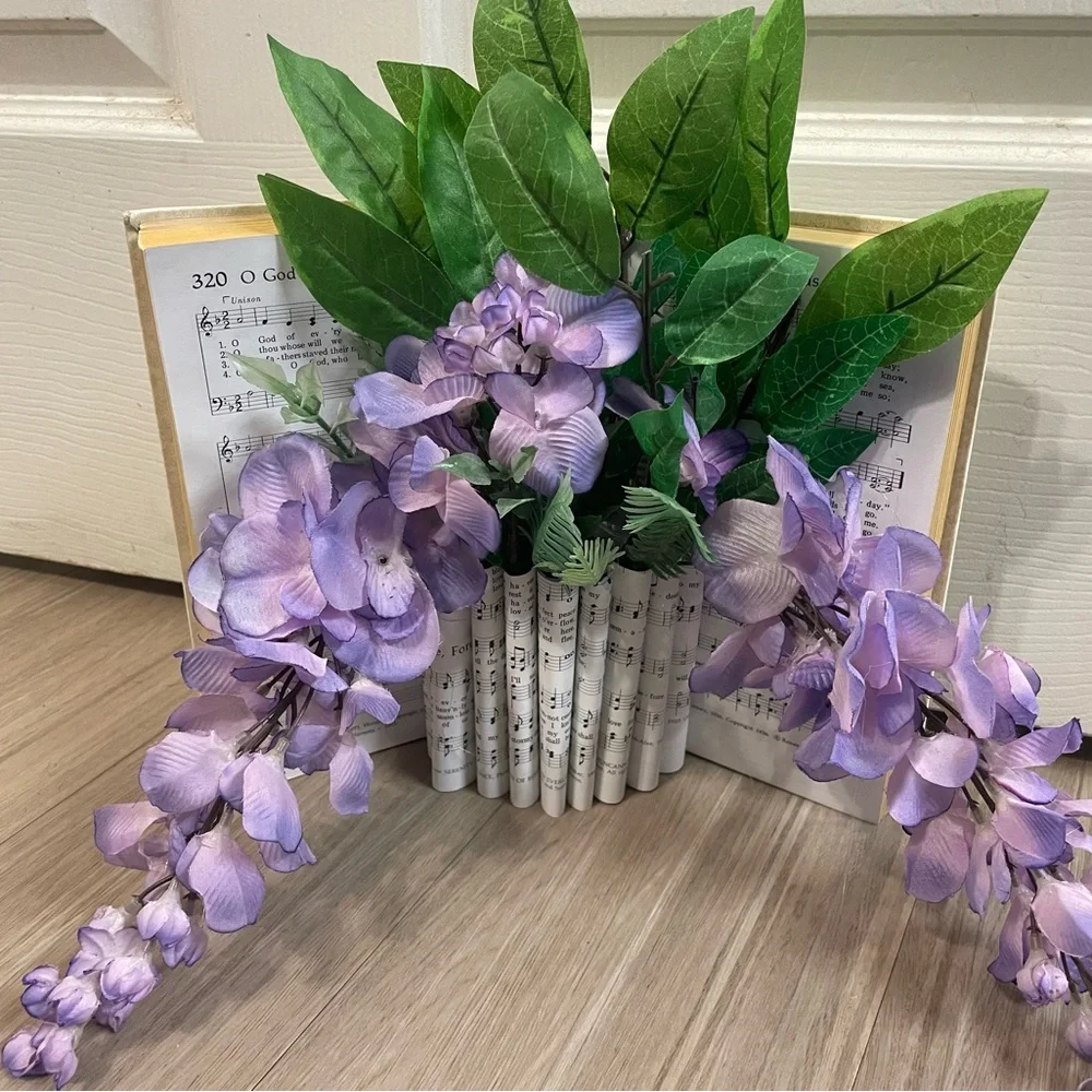 Handmade Hymnal Book Vase with Purple Floral Arrangement